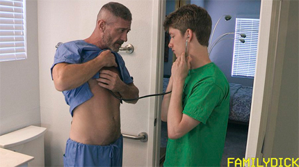 Curious boy cant help but admire his handsome doctor stepdaddy