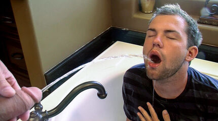 Greedy pig takes on four cocks in the bathroom