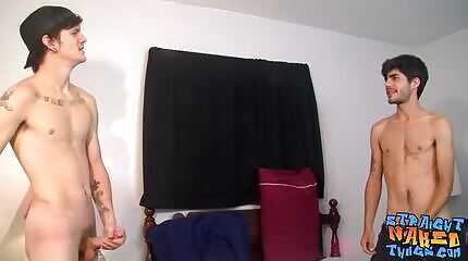 Two straighties are wanking their cocks while talking