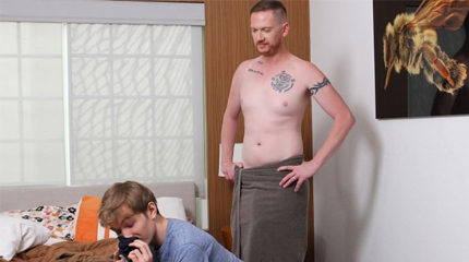 Naughty stepdaddy lets his towel fall to the side